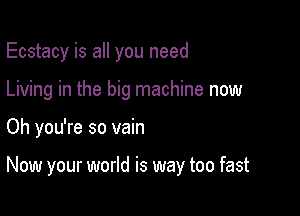 Ecstacy is all you need

Living in the big machine now
Oh you're so vain

Now your world is way too fast