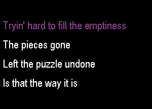 Tryin' hard to full the emptiness

The pieces gone
Left the puzzle undone

Is that the way it is