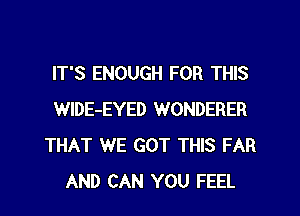 IT'S ENOUGH FOR THIS
WlDE-EYED WONDERER
THAT WE GOT THIS FAR
AND CAN YOU FEEL