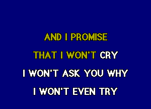 AND I PROMISE

THAT I WON'T CRY
I WON'T ASK YOU WHY
I WON'T EVEN TRY