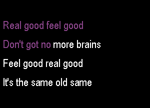 Real good feel good

Don't got no more brains
Feel good real good

It's the same old same