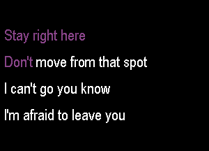 Stay right here

Don't move from that spot

I can't go you know

I'm afraid to leave you