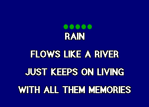 RAIN

FLOWS LIKE A RIVER
JUST KEEPS ON LIVING
WITH ALL THEM MEMORIES