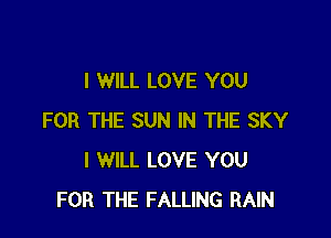 I WILL LOVE YOU

FOR THE SUN IN THE SKY
I WILL LOVE YOU
FOR THE FALLING RAIN