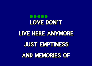 LOVE DON'T

LIVE HERE ANYMORE
JUST EMPTINESS
AND MEMORIES 0F