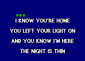 I KNOW YOU'RE HOME

YOU LEFT YOUR LIGHT ON
AND YOU KNOW I'M HERE
THE NIGHT IS THIN