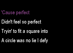 'Cause perfect
Didn't feel so perfect

Tryin' to fit a square into

A circle was no lie I defy