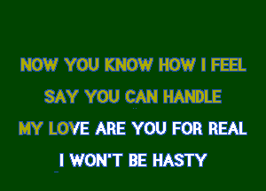 NOW YOU KNOW HOW I FEEL

SAY YOU CAN HANDLE
MY LOVE ARE YOU FOR REAL
I WON'T BE HASTY
