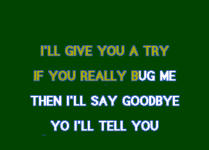 I'LL GIVE YOU A TRY

IF YOU REALLY BUG ME
THEN I'LL SAY GOODBYE
Y0 I'LL TELL YOU