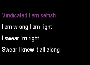 Vindicated I am selfish

I am wrong I am right

I swear I'm right

Swear I knew it all along