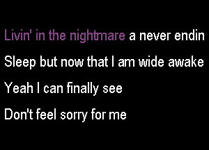 Livin' in the nightmare a never endin

Sleep but now that I am wide awake

Yeah I can Wally see

Don't feel sorry for me