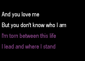 And you love me

But you don't know who I am
I'm torn between this life

I lead and where I stand