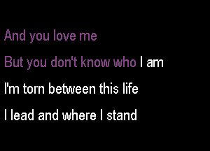 And you love me

But you don't know who I am
I'm torn between this life

I lead and where I stand