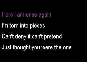 Here I am once again
I'm torn into pieces

Can't deny it can't pretend

Just thought you were the one