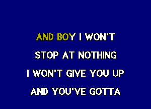 AND BOY I WON'T

STOP AT NOTHING
I WON'T GIVE YOU UP
AND YOU'VE GOTTA