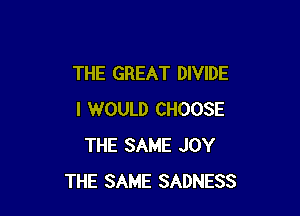 THE GREAT DIVIDE

I WOULD CHOOSE
THE SAME JOY
THE SAME SADNESS