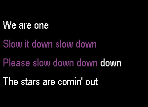 We are one

Slow it down slow down

Please slow down down down

The stars are comin' out
