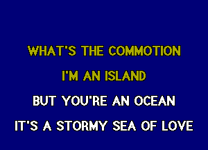 WHAT'S THE COMMOTION

I'M AN ISLAND
BUT YOU'RE AN OCEAN
IT'S A STORMY SEA OF LOVE