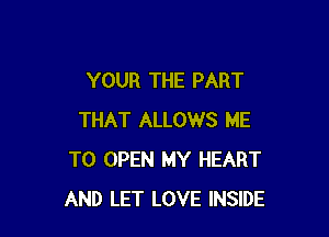 YOUR THE PART

THAT ALLOWS ME
TO OPEN MY HEART
AND LET LOVE INSIDE