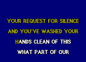 YOUR REQUEST FOR SILENCE

AND YOU'VE WASHED YOUR
HANDS CLEAN OF THIS
WHAT PART OF OUR