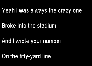 Yeah I was always the crazy one

Broke into the stadium

And I wrote your number

0n the t'lfty-yard line