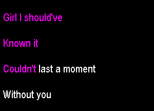 Girl I should've

Known it

Couldn't last a moment

Without you