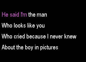He said I'm the man
Who looks like you

Who cried because I never knew

About the boy in pictures