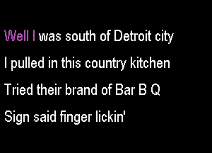 Well I was south of Detroit city

I pulled in this country kitchen
Tried their brand of Bar B Q

Sign said finger lickin'