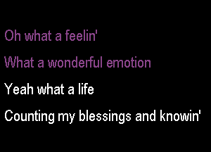 Oh what a feelin'
What a wonderful emotion

Yeah what a life

Counting my blessings and knowin'