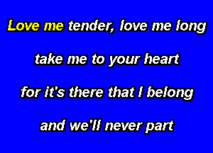 Love me tender, love me long
take me to your heart
for it's there that I belong

and we '1'! never part