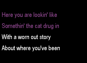 Here you are lookin' like

Somethin' the cat drug in

With a worn out story

About where you've been