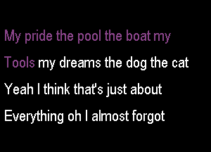 My pride the pool the boat my
Tools my dreams the dog the cat
Yeah I think thats just about

Everything oh I almost forgot