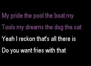 My pride the pool the boat my
Tools my dreams the dog the cat

Yeah I reckon that's all there is

Do you want fries with that