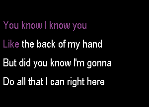 You know I know you
Like the back of my hand

But did you know I'm gonna

Do all that I can right here