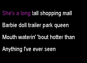 She's a long tall shopping mall

Barbie doll trailer park queen

Mouth waterin' 'bout hotter than

Anything I've ever seen