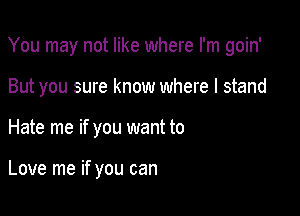 You may not like where I'm goin'

But you sure know where I stand
Hate me if you want to

Love me if you can