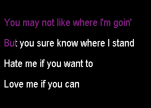 You may not like where I'm goin'

But you sure know where I stand
Hate me if you want to

Love me if you can