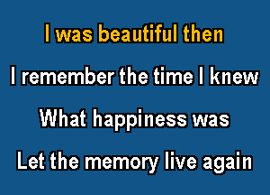 l was beautiful then
I remember the time I knew
What happiness was

Let the memory live again