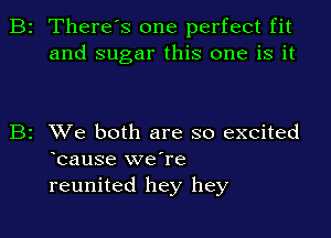 B2 There's one perfect fit
and sugar this one is it

B2 We both are so excited
bause we're
reunited hey hey