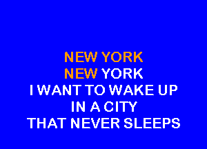 NEW YORK
NEW YORK

I WANT TO WAKE UP
IN A CITY
THAT NEVER SLEEPS