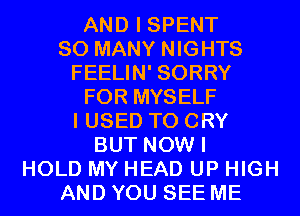 AND I SPENT
SO MANY NIGHTS
FEELIN' SORRY
FOR MYSELF
I USED TO CRY
BUT NOW I
HOLD MY HEAD UP HIGH
AND YOU SEE ME