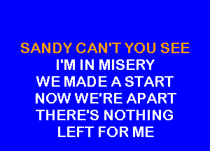 SANDY CAN'T YOU SEE
I'M IN MISERY
WE MADE A START
NOW WE'RE APART
THERE'S NOTHING
LEFT FOR ME