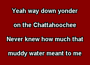 Yeah way down yonder
on the Chattahoochee
Never knew how much that

muddy water meant to me