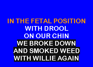 IN THE FETAL POSITION
WITH DROOL
ON OUR CHIN
WE BROKE DOWN
AND SMOKED WEED
WITH WILLIE AGAIN