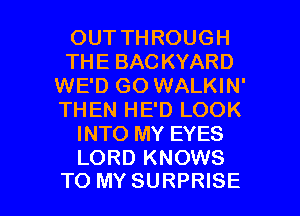 OUT THROUGH
THE BACKYARD
WE'D GO WALKIN'
THEN HE'D LOOK
INTO MY EYES
LORD KNOWS

TO MY SURPRISE l