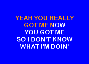 YEAH YOU REALLY
GOT ME NOW

YOU GOT ME
SO I DON'T KNOW
WHAT I'M DOIN'