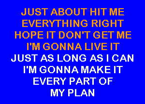 JUST ABOUT HIT ME
EVERYTHING RIGHT
HOPE IT DON'T GET ME
I'M GONNA LIVE IT
JUST AS LONG AS I CAN
I'M GONNA MAKE IT
EVERY PART OF
MY PLAN