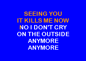SEEING YOU
IT KILLS ME NOW
NOIDCMVTCRY

ON THE OUTSIDE
ANYMORE
ANYMORE