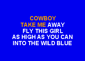 COWBOY
TAKE ME AWAY

FLY THIS GIRL
AS HIGH AS YOU CAN

INTO THE WILD BLUE