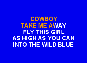 COWBOY
TAKE ME AWAY

FLY THIS GIRL
AS HIGH AS YOU CAN

INTO THE WILD BLUE